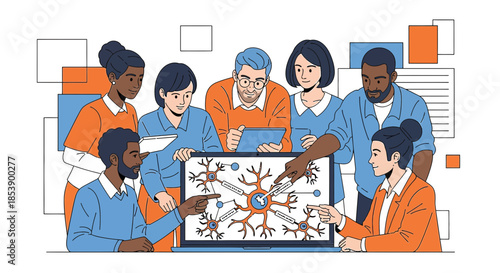 Diverse collaborative team examining neural network interface on laptop screen together