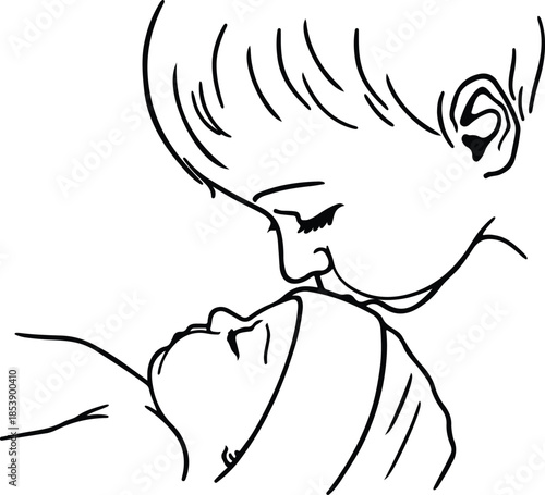 A heartwarming display of sibling affection with a tender kiss for the newborn