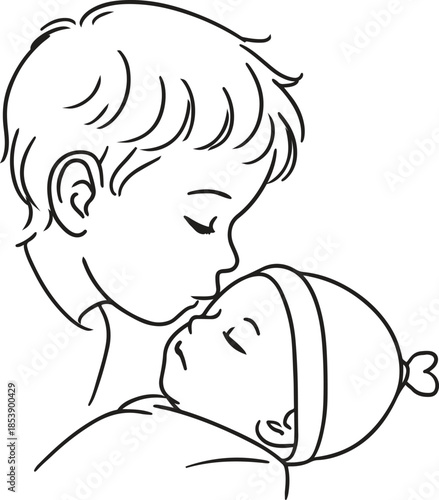 A sweet moment of brotherly love, an older child tenderly kissing a sleeping baby