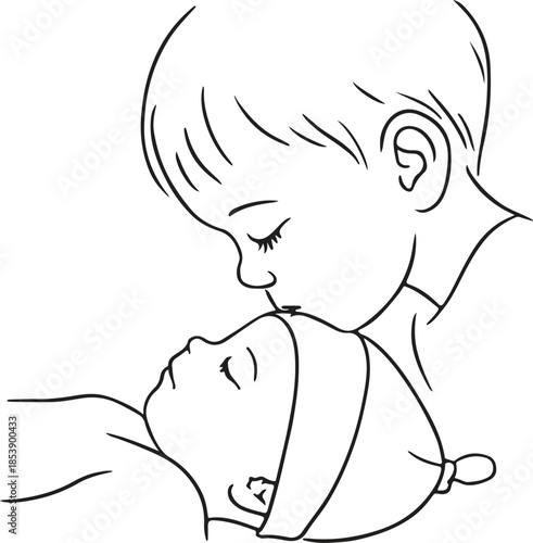 A tender moment of sibling affection, an older child gently kisses their sleeping baby brother or sister