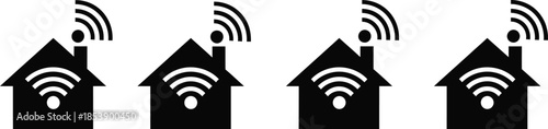 Four black house icons with wifi signals on transparent background silhouette