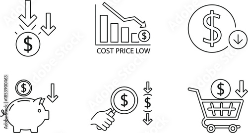 Financial decline icons featuring arrows charts and money on transparent background silhouette