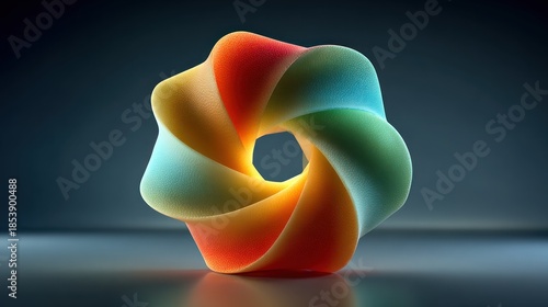 A colorful, torus-like abstract form with gradients and a blurred background