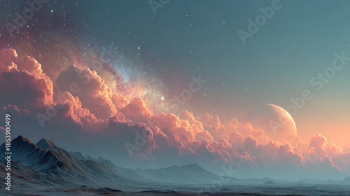 Cosmic vista depicts a vibrant sunset over a mountain range, with a nebula and planets visible