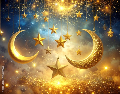 Golden moons and stars adorn a glittery night sky