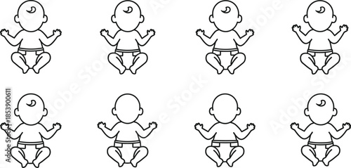 Set of baby icons in various poses on transparent background silhouette