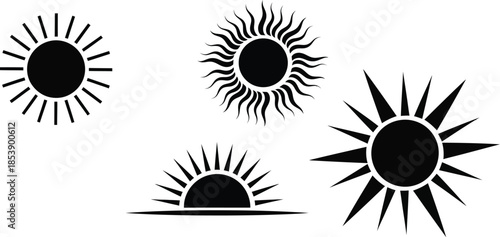 Four black sun icons with radiating lines perfect for design on transparent background silhouette