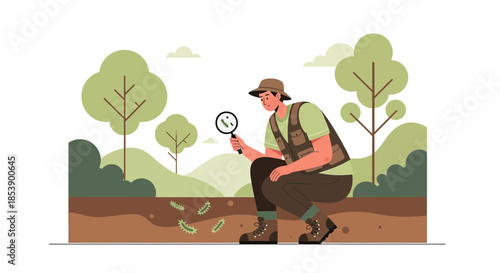 Ecologist examines soil microbes with a magnifying glass in a simplified natural environment scene