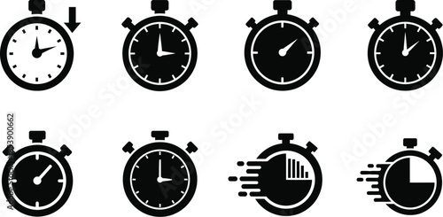 Black stopwatches in various designs ideal for time concepts on transparent background silhouette