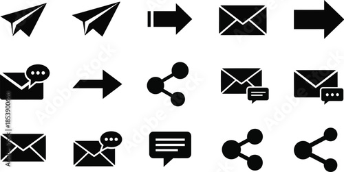 Collection of communication icons including arrows envelopes and messages silhouette on transparent background