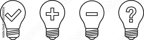 Four lightbulbs with different symbols inside on transparent background silhouette