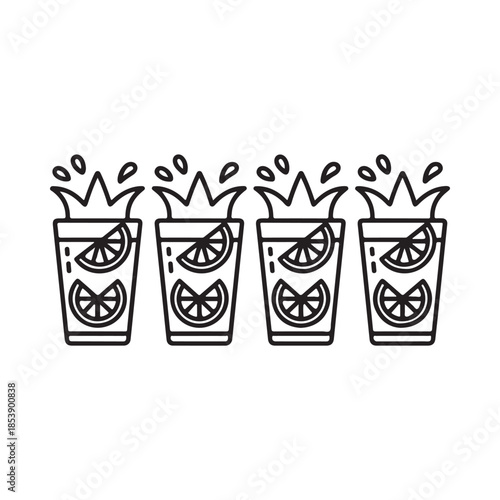 Four glasses of citrus drink with lemon slices outlined in simple doodle style