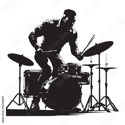 set of black drummer musician drumming drums vector silhouettes isolated on white background