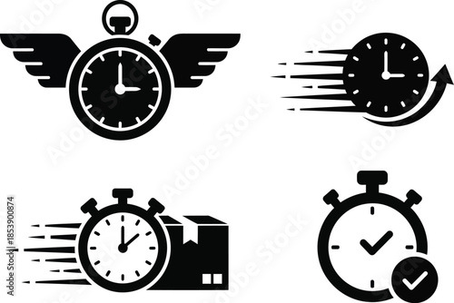 Time flies with winged clocks and speed indicators on transparent background silhouette