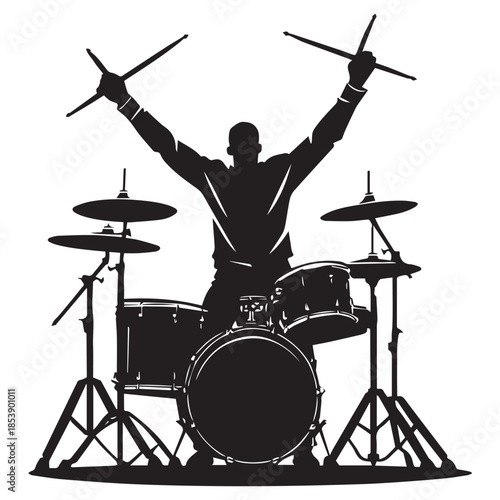 set of black drummer musician drumming drums vector silhouettes isolated on white background