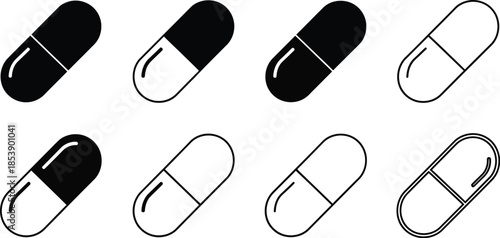 Collection of capsule pills in various styles a sleek silhouette on transparent background