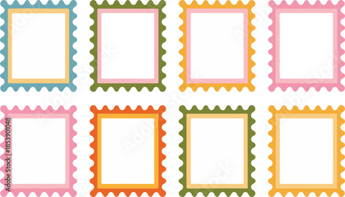 Collection of Colorful Postage Stamp Style Frames with Scalloped Edges on White Background