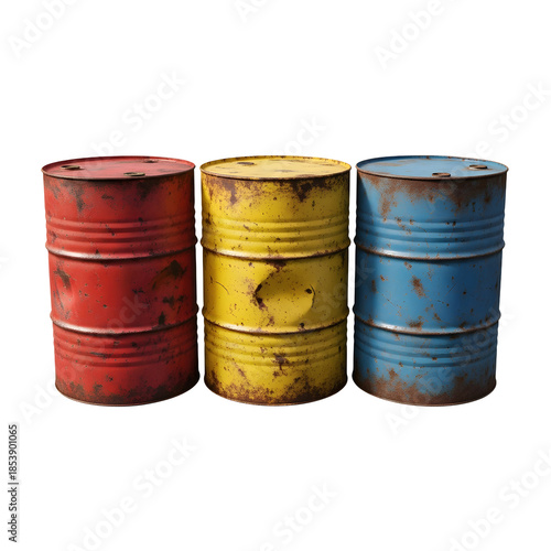 Weathered Industrial rusty metal Oil Drums set with Heavy Rust Texture, Isolated on White or Transparent Background, Industrial Waste Container