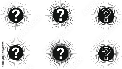 Six black question mark icons with radial lines on transparent background silhouette