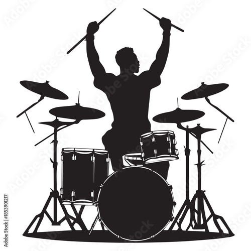 set of black drummer musician drumming drums vector silhouettes isolated on white background