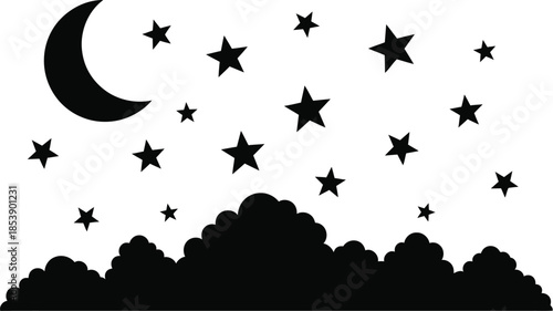 Night sky with crescent moon stars and clouds on transparent background silhouette
