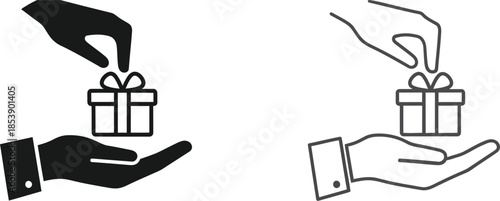 Hand holding a gift box two variations on transparent background silhouette