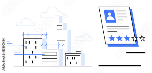 Architectural building plans and skyscrapers beside a personal profile showcasing ratings. Ideal for job hunting, recruitment, urban development, design evaluation, professional feedback, career