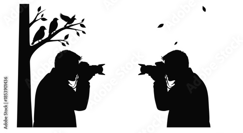 A photographer capturing birds in trees mirrored image on transparent background silhouette