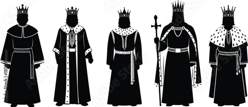 Five royal figures in black detailed clothing on transparent background silhouette