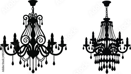 Elegant black chandeliers decorative lighting fixtures on transparent background silhouette