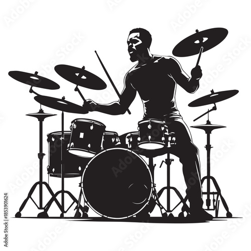 set of black drummer musician drumming drums vector silhouettes isolated on white background