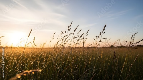 Hierba floreciente con una suave brisa contra un cielo brumoso por la mañana.
 Esta imagen es tranquila y serena, con un sencillo tono zen.
 naturaleza en tonos pastel en primavera.
 IA generativa