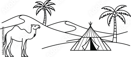 Desert landscape with camel palm trees and tent on transparent background silhouette