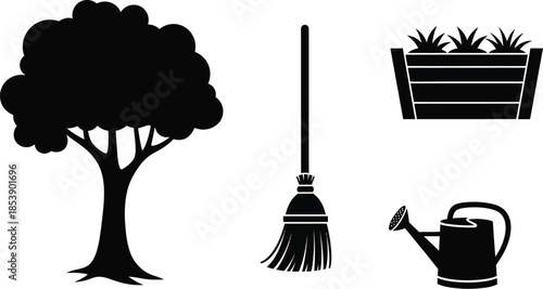 Garden elements including a tree broom planter and watering can silhouette on transparent background