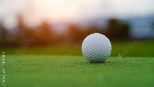 Фотография Golf ball on green grass in the evening golf course with sunshine background