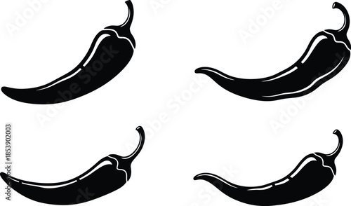 Four black chili pepper illustrations on transparent background silhouette