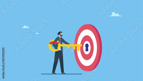 Businessman putting golden key into bullseye target key hold to unlock business success. Key to success and achieve business target, KPI, career achievement or secret for success in work.