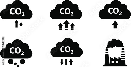 Carbon dioxide clouds with factory emission icons a silhouette on transparent background