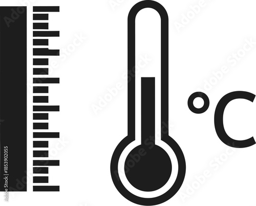 Black thermometer icon displaying temperature simple design on transparent background silhouette