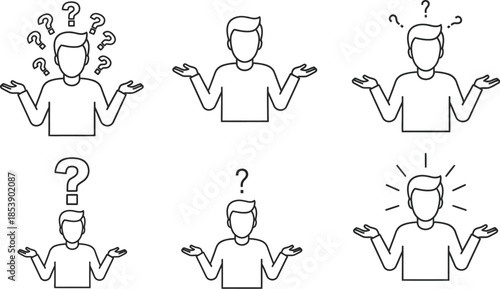 Confused people with question marks linear icons multiple poses silhouette on transparent background