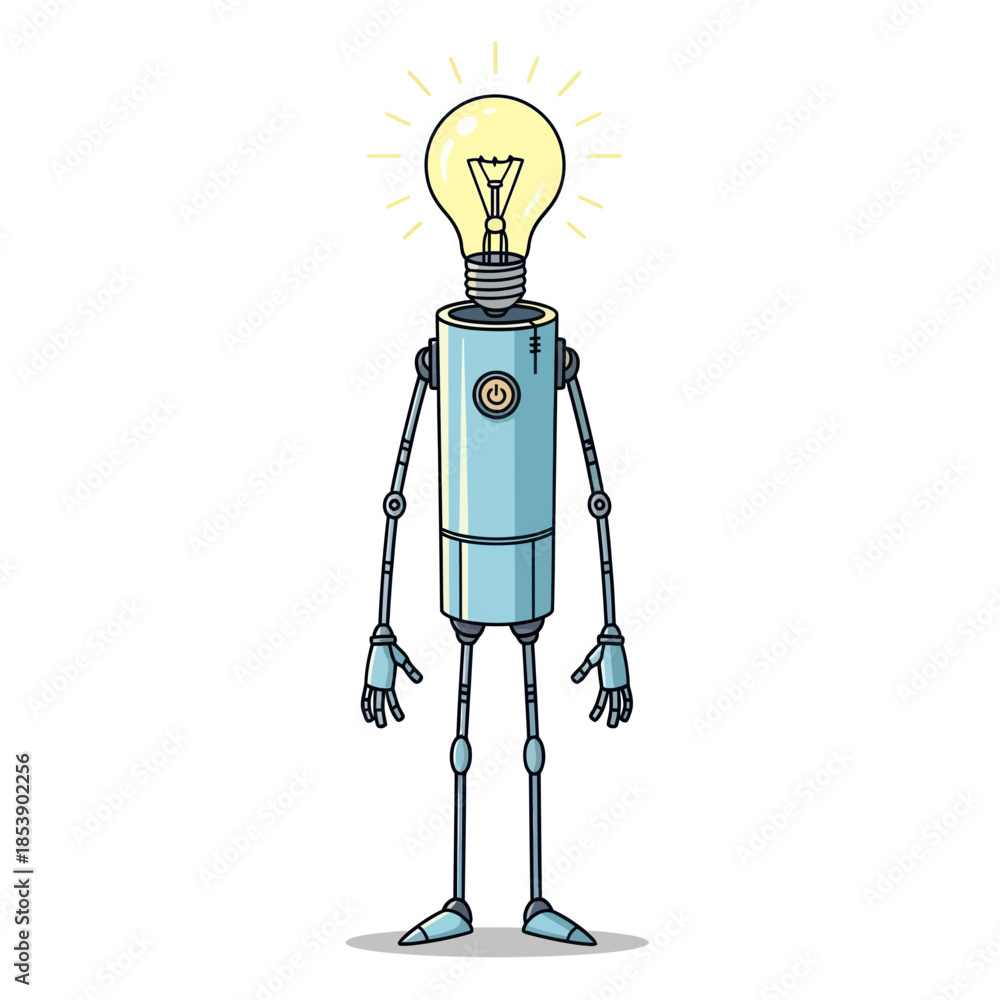 Fototapeta premium Robot with a Light Bulb Head An Idea Machine.