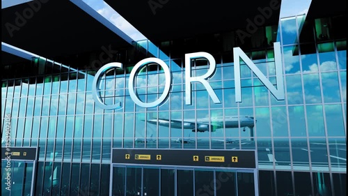 Airlane landing at Corn. Arrival in the city with reflection of airport and aircraft