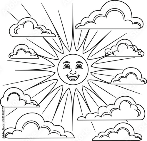 Black and white line of smiling sun with rays and clouds