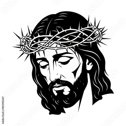 Monochrome depiction of Jesus Christ wearing a crown of thorns.
