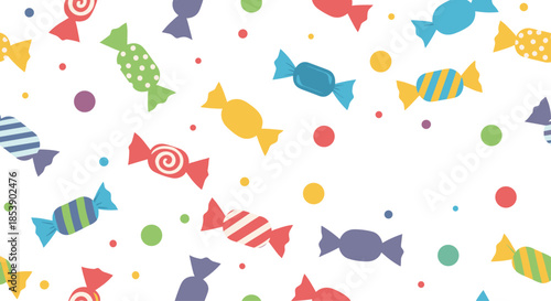 Bright seamless pattern of various wrapped candies and colorful dots on a white background for festive candy shop themes.