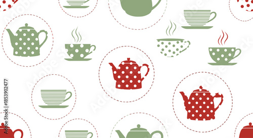 Retro seamless pattern of polka dot teapots and striped teacups in circles with steam rising on a white background.