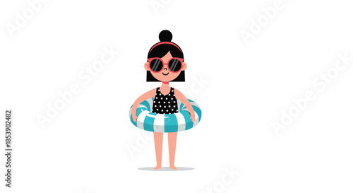 Cute little girl wearing sunglasses and a black swimsuit standing inside a blue and white striped inflatable swim ring.