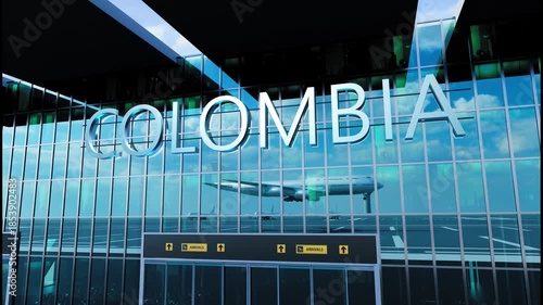 Airlane landing at Colombia. Arrival in the city with reflection of airport and aircraft
