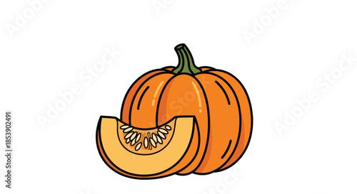 Ripe orange pumpkin and a sliced segment with seeds isolated on a white background for autumn and halloween themes.