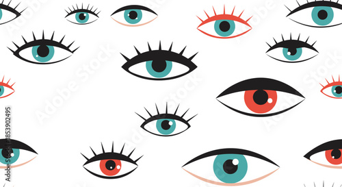 Surreal seamless pattern of stylized human eyes in various colors and shapes with long lashes on a white background.